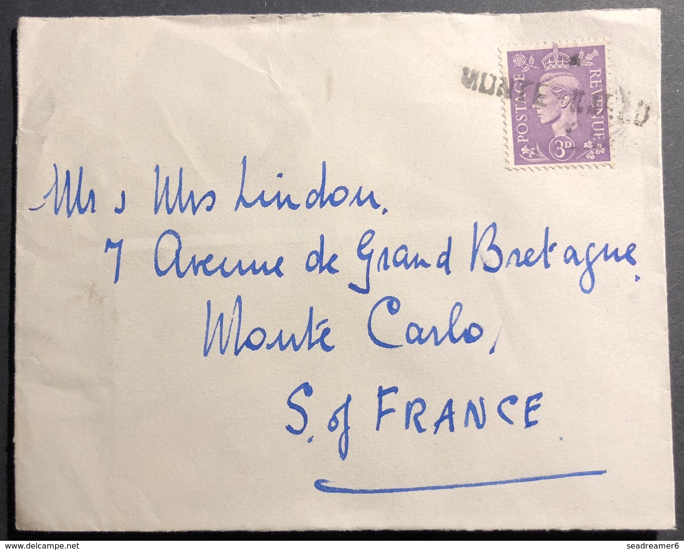 Angleterre N°314 3 Penny Violet Pour Monaco Oblitéré En Arrivée De La Griffe Linéaire De Monte Carlo RR - Covers & Documents