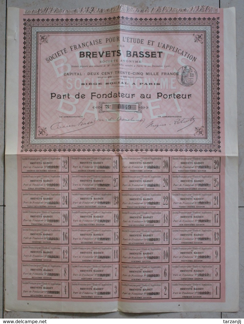 Action Part De Fondateur Au Porteur "Brevets Basset" 1907 (Acierie Siderurgie Métallurgie) - Industrie