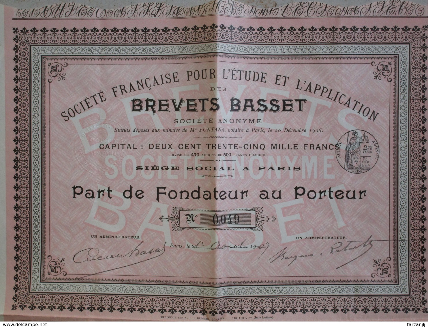 Action Part De Fondateur Au Porteur "Brevets Basset" 1907 (Acierie Siderurgie Métallurgie) - Industrie