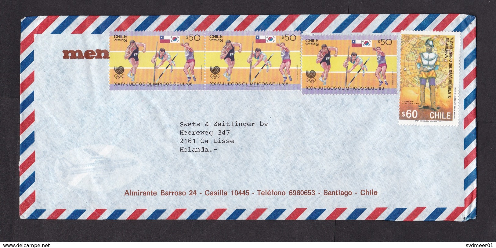 Chile: Airmail Cover To Netherlands, 4 Stamps, Olympics, Athletics, Columbus, Map (no Cancel, Minor Damage) - Chili