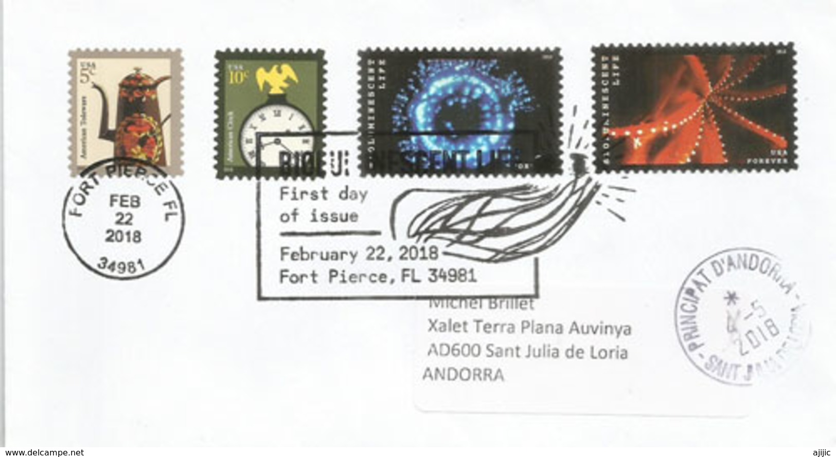 USA. Deep Ocean Bioluminescent Life Stamps 2018 ,FDC, On Cover Sent To Andorra, With Arrival Postmark - Marine Life