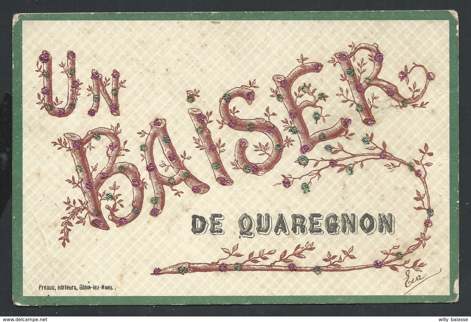 +++ CPA  - Carte Fantaisie - Un Baiser De QUAREGNON - Paillettes   // - Quaregnon