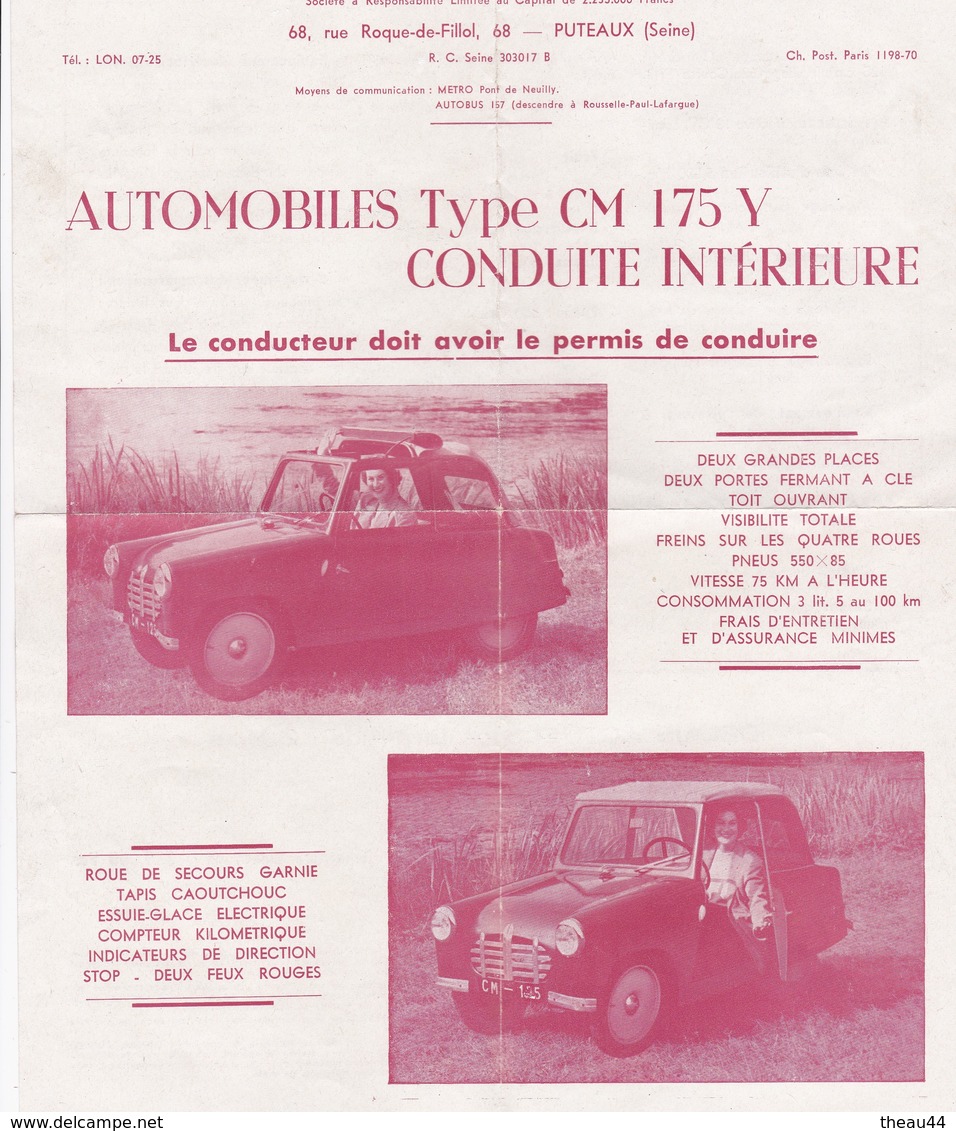 PUTEAUX  -  Fiche Publicitaire Des Etablissement "Charles MOCHET " - Voiture "Type CM 175 Y - 68 Rue Roque-de-Fillol - Puteaux