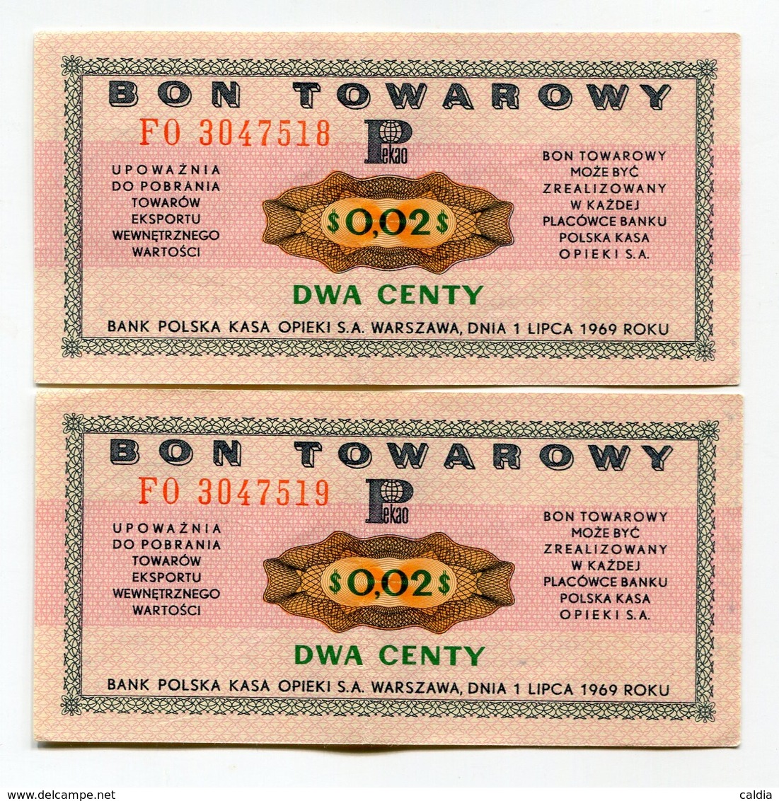 P Pologne Poland BON TOWAROWY 2 Cent / Centy / Centow 1969 - 2 Consecutives - Pologne