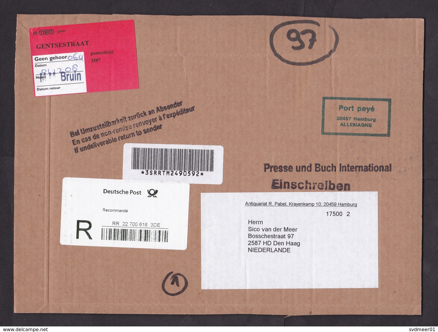Germany: Registered Parcel Fragment (cut-out) To Netherlands, Postage Paid, Label Not At Home (traces Of Use) - Brieven En Documenten