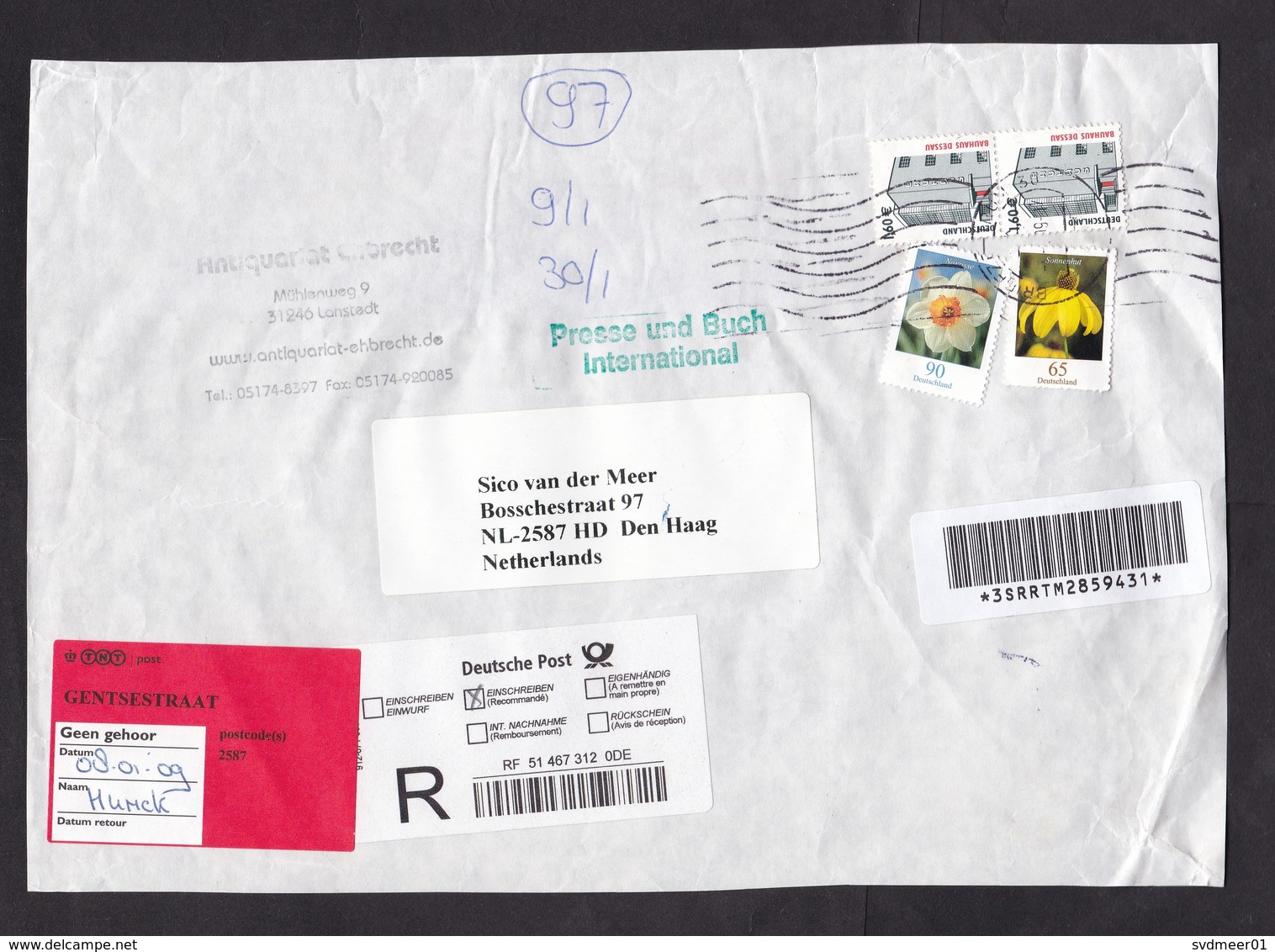 Germany: Registered Parcel Fragment (cut-out) To Netherlands, 2009, 4 Stamps, Label Not At Home (minor Damage) - Brieven En Documenten