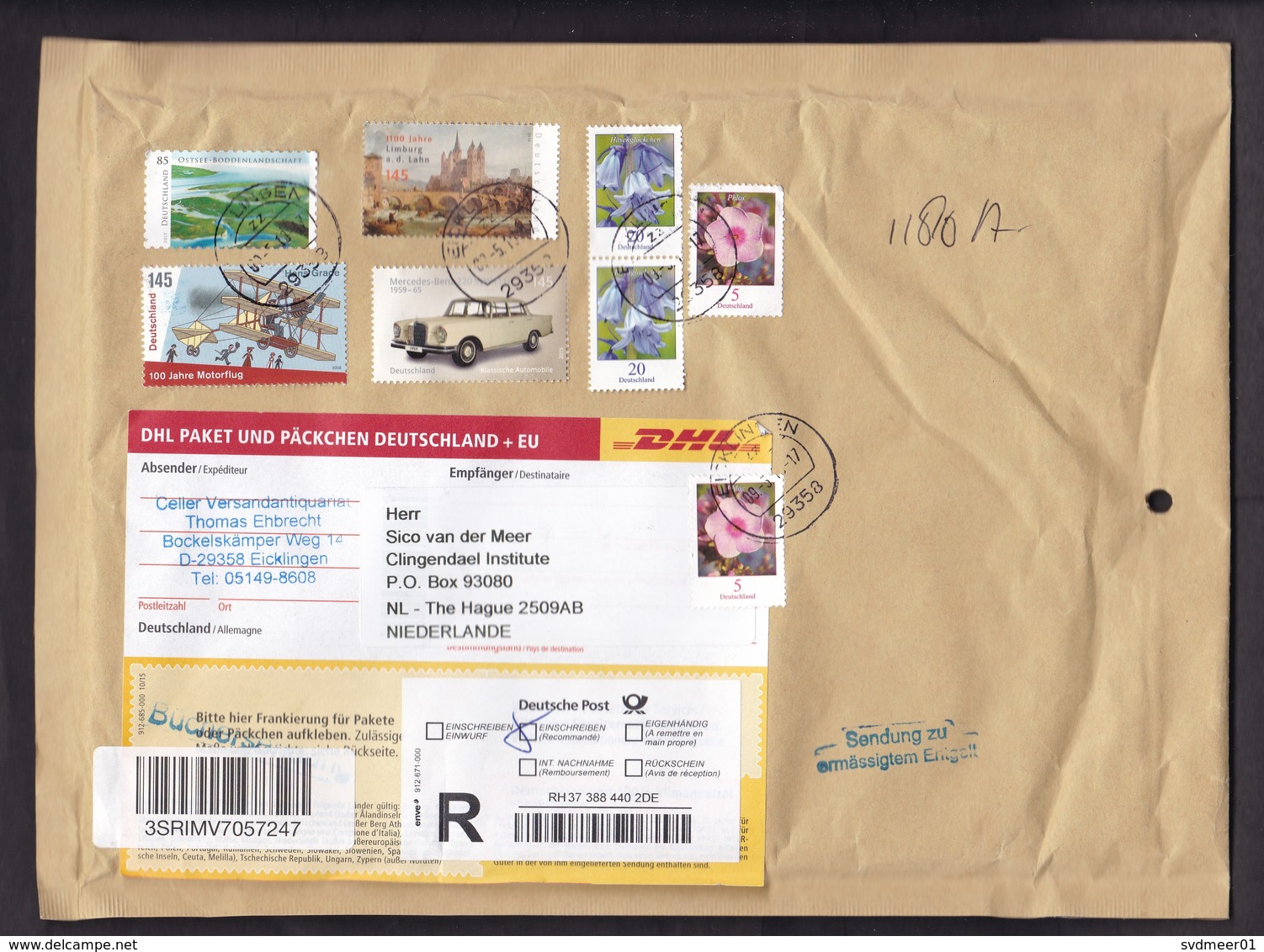 Germany: Registered Protective Cover To Netherlands, 2018, 8 Stamps, Airplane, Mercedes-Benz Car, DHL (minor Damage) - Brieven En Documenten