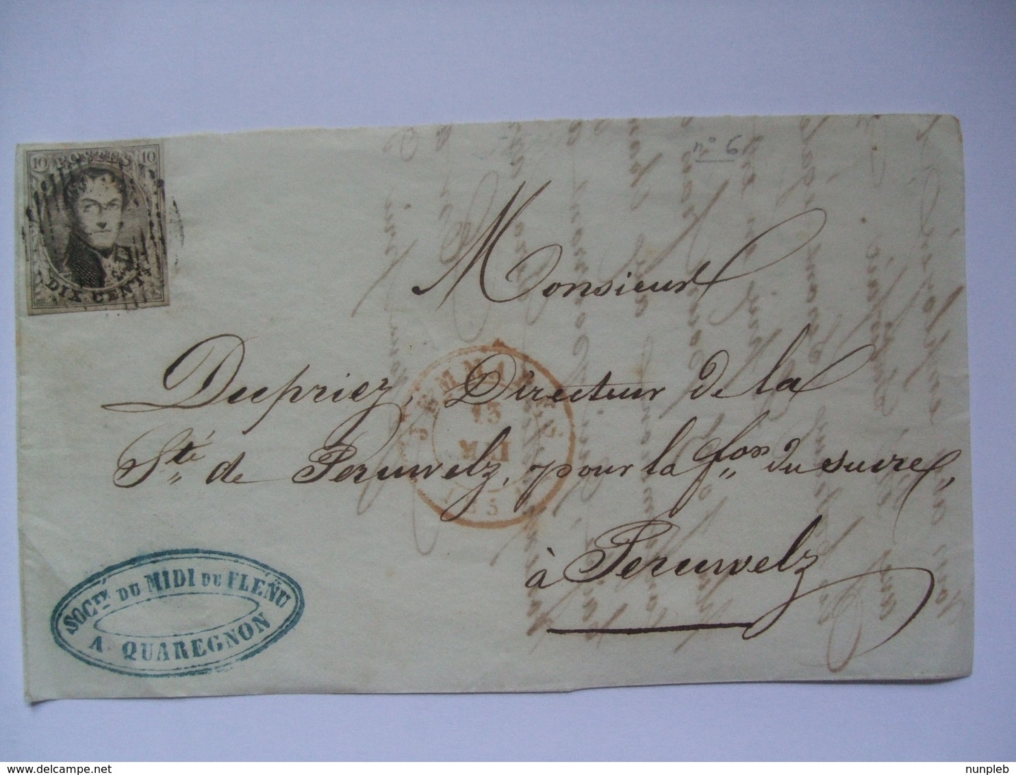 BELGIUM - 1854 Front Of Cover - Quaregnon Cachet - 1851-1857 Medallions (6/8)