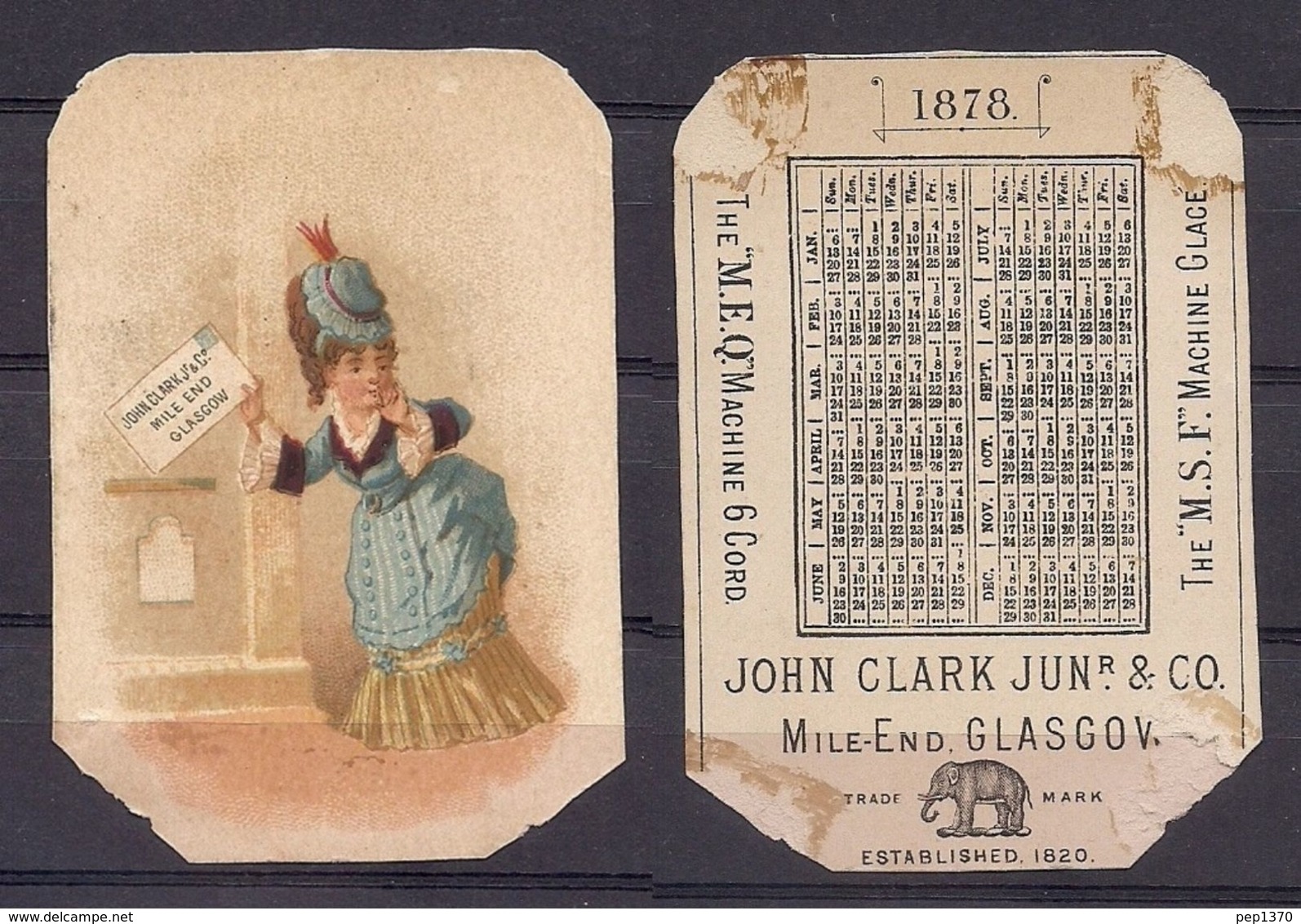 CALENDARIO DE BOLSILLO - CALENDER - DEL AÑO 1878 DE LA FIRMA JOHN CLARK JUN & Cº GLASGOW - Tamaño Pequeño : ...-1900