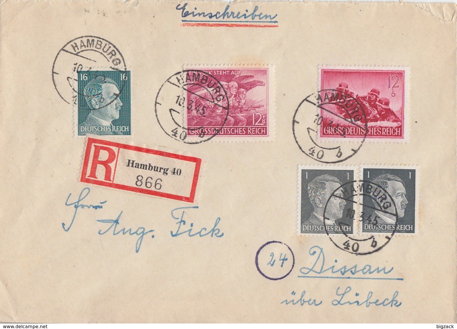 DR R-Brief Mif Minr.2x 781,790,879,908 Hamburg 10.3.45 Gel. Nach Dissau - Briefe U. Dokumente