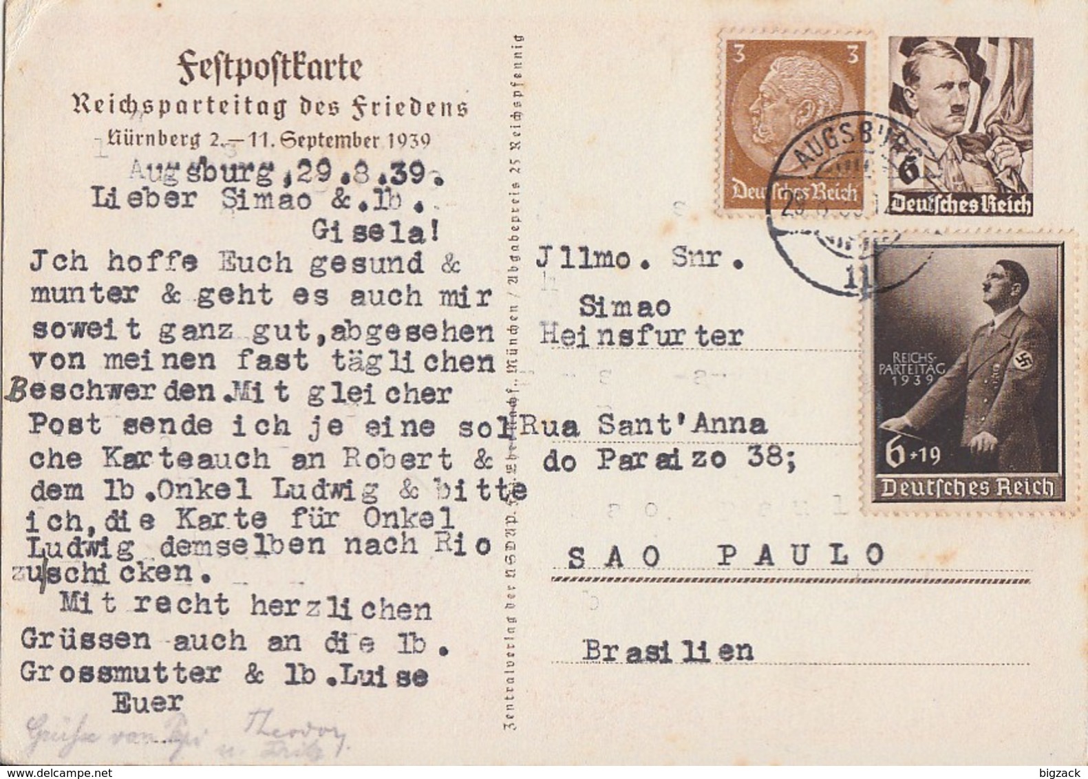 DR GS Minr.P282 Zfr. Minr.513,701 Augsburg 29.8.39 Gel. Nach Brasilien - Briefe U. Dokumente
