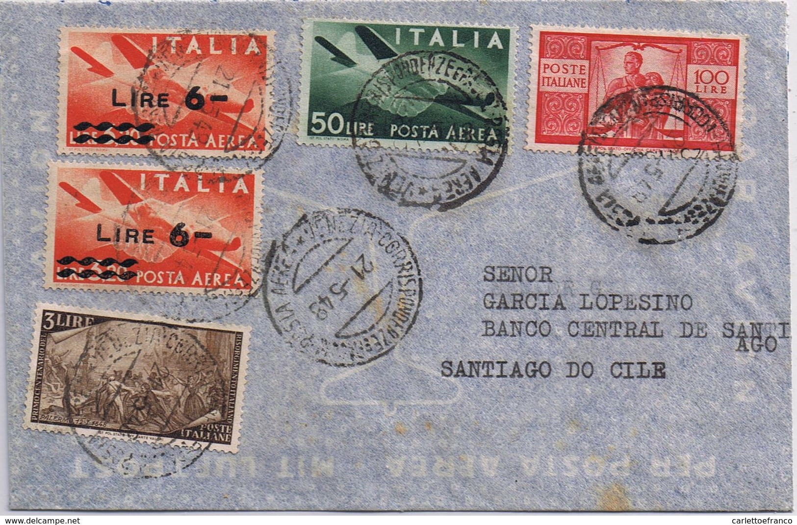 Busta Posta Aerea Venezia -> Santiago Del Cile - Bella Affrancatura Mista - 1946-60: Storia Postale