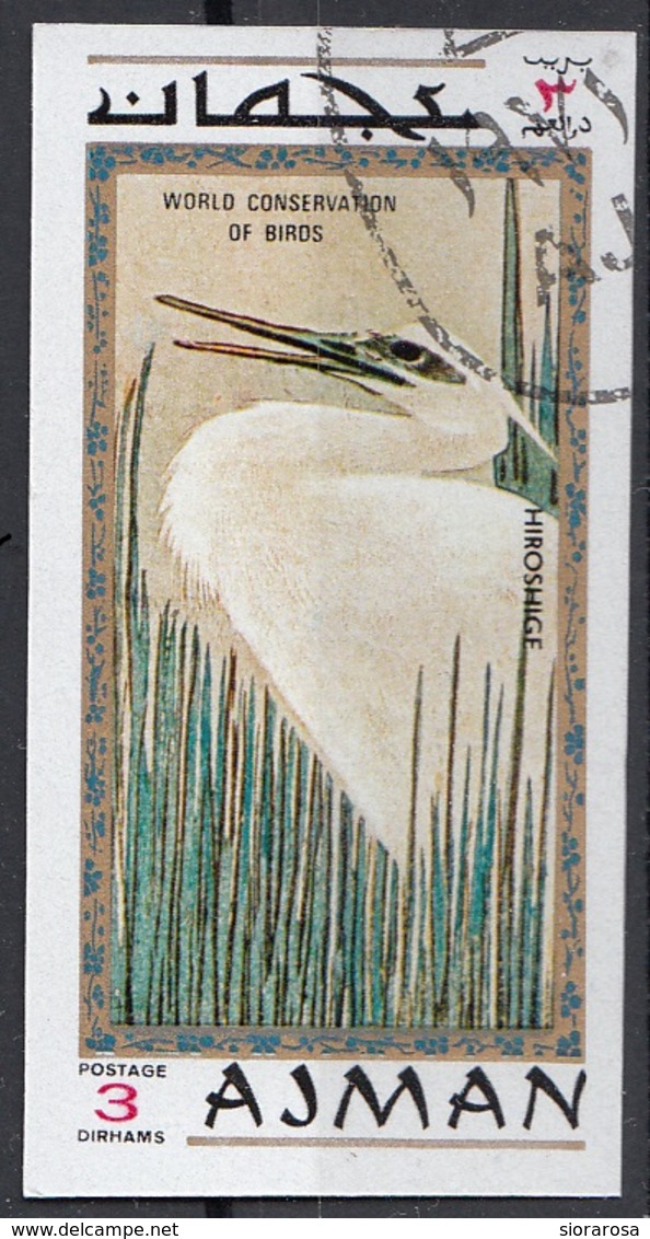 911 Ajman 1971  " Egretta Garzetta "  Quadro Dipinto Da Hiroshige Paintings  World Conservation Of Birds - Ajman