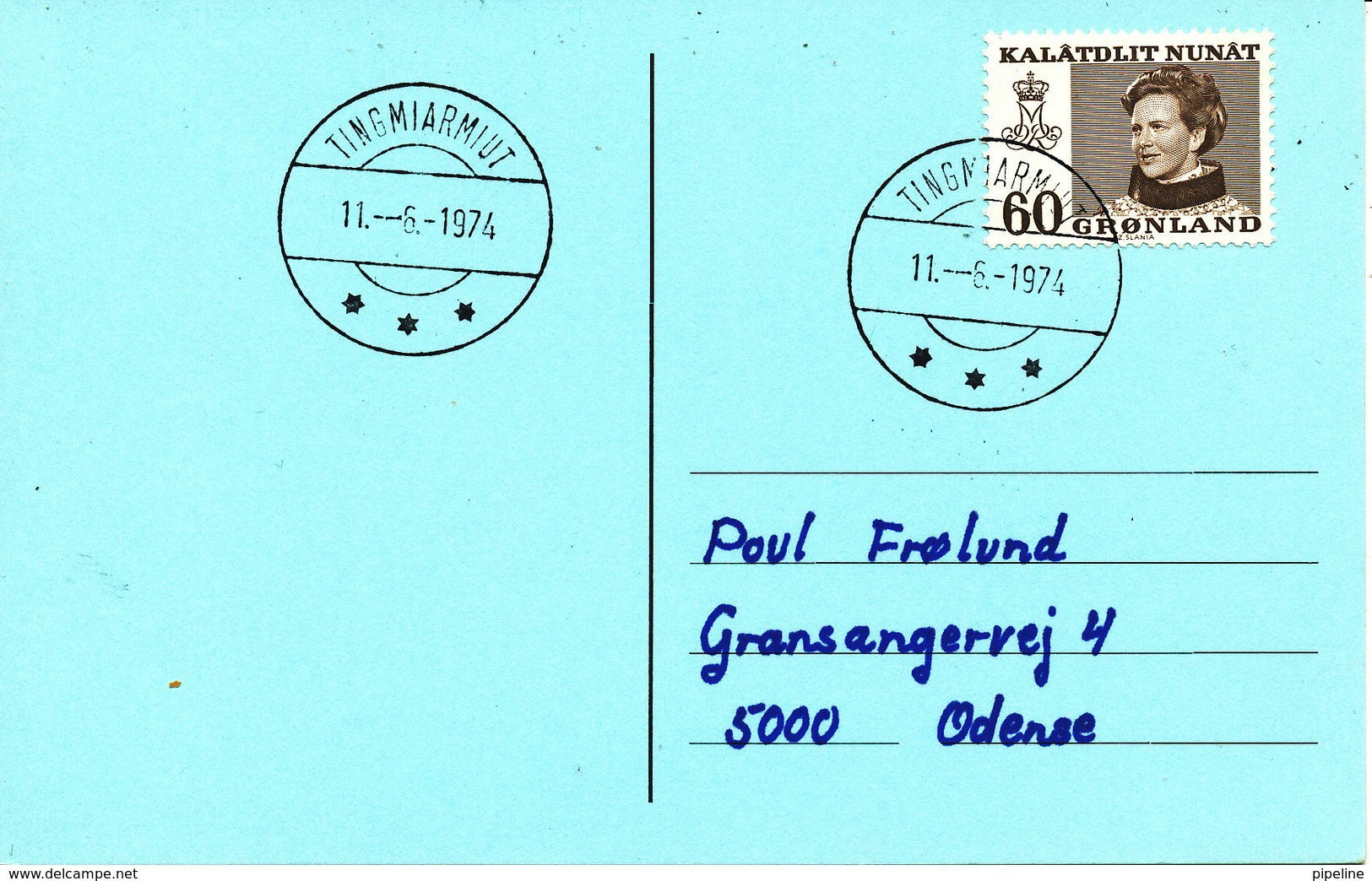 Greenland Card Sent To Denmark Tingmiarmiut 11-6-1974 Single Franked - Storia Postale