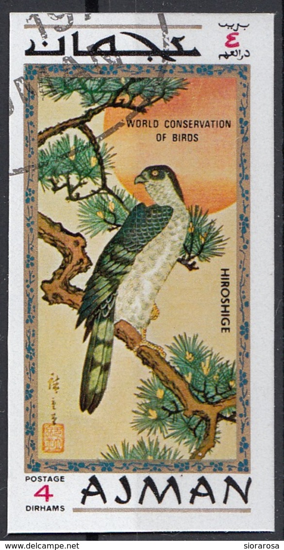 912 Ajman 1971  " Falco Sul.... "  Quadro Dipinto Da Hiroshige Paintings  World Conservation Of Birds - Ajman