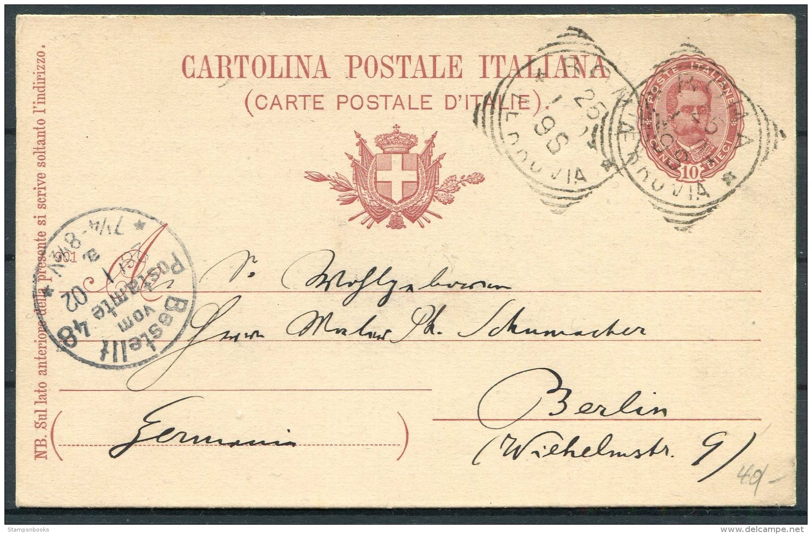 1902 Italy Stationey Postcard. Carte Postale Roma - Berlin Germany - Stamped Stationery