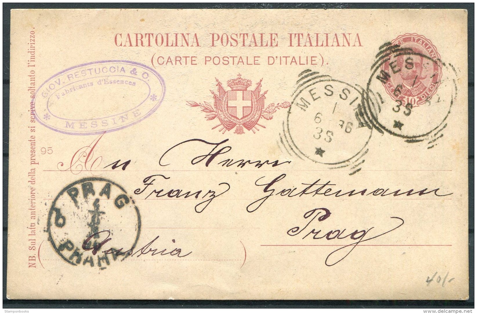 1896 Italy Stationey Postcard. Carte Postale Messina - Prague Praha - Stamped Stationery