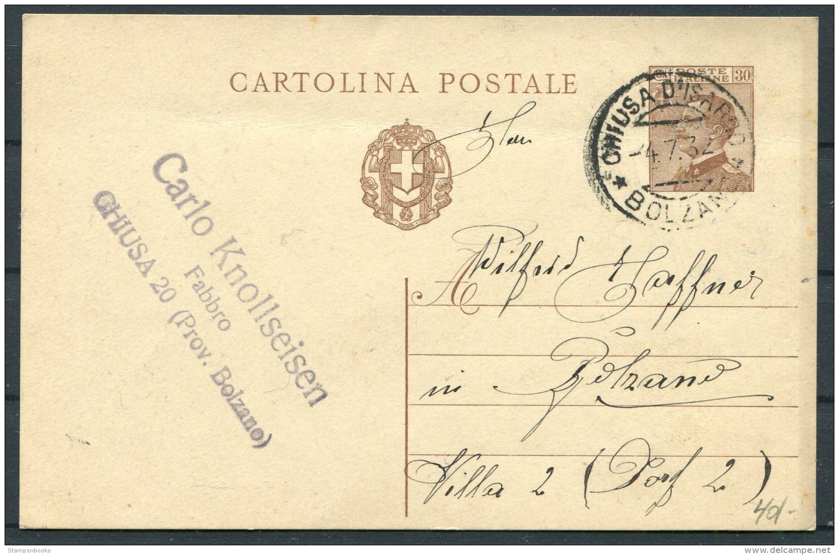 1932 Italy Stationey Postcard. Cartolina Postale.  Bolzano - Stamped Stationery