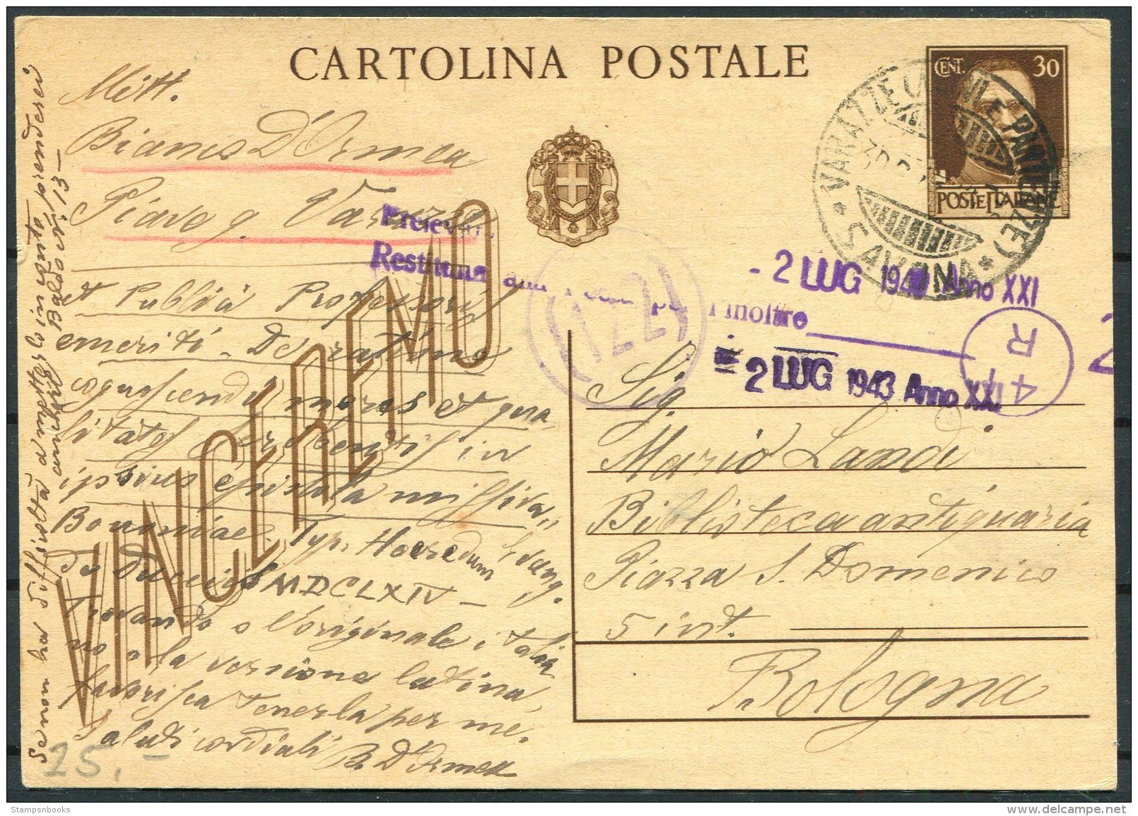 1943 Italy Stationey Postcard. Cartolina Postale. Censor Verazze Savona - Stamped Stationery