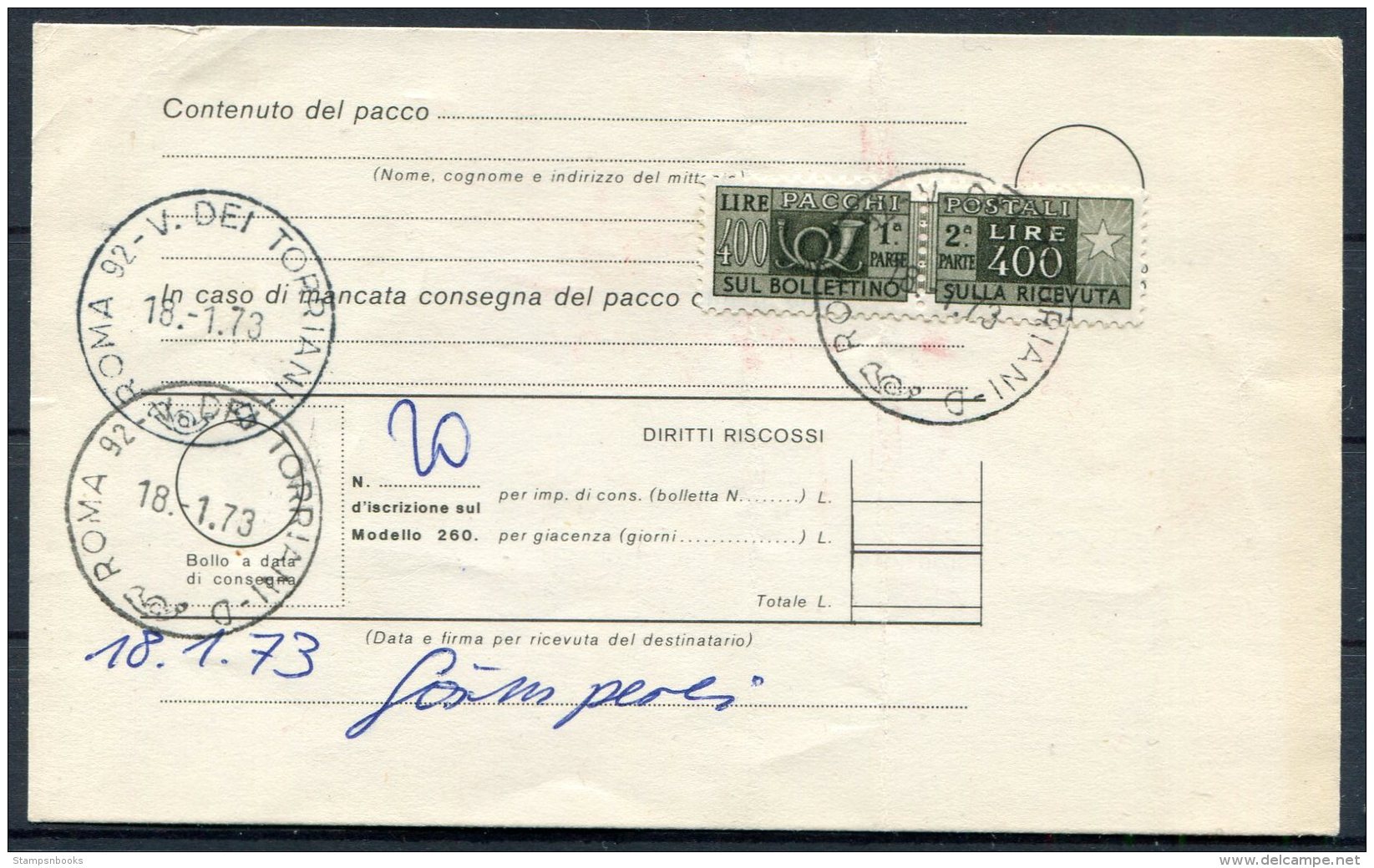 1973 Italy Roma Via Dei Torriani Parcelcard - 1971-80: Marcophilia