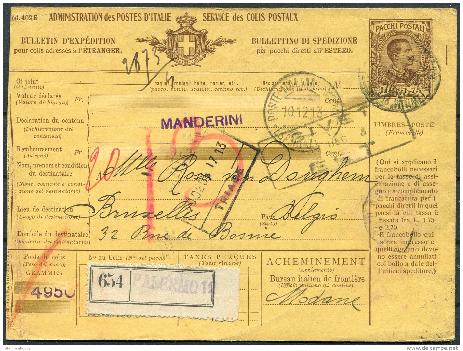 1913 Italy Parcelcard Palermo - Bruxelles Belgium - Stamped Stationery