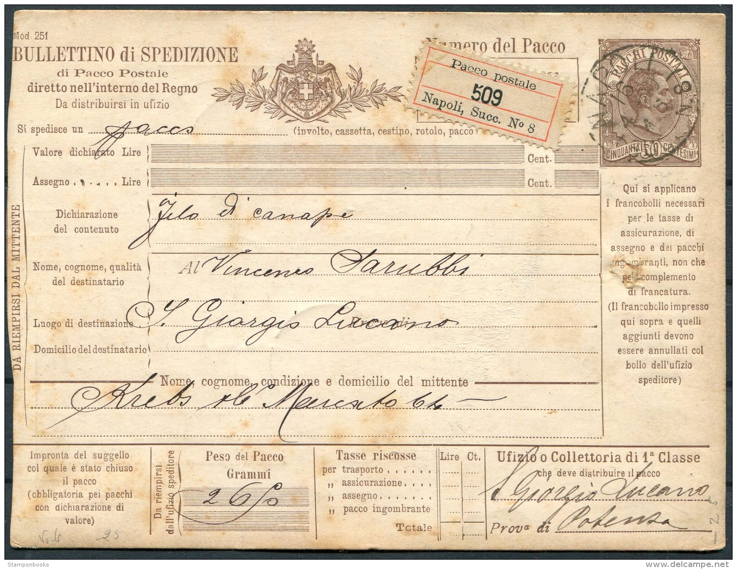 1890 Italy Parcelcard Napoli - Stamped Stationery