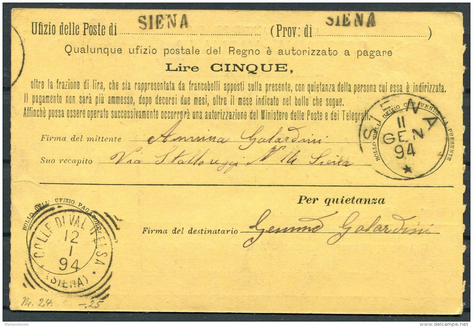 1894 Italy Cartolina Vaglia. Siena Colle - Interi Postali