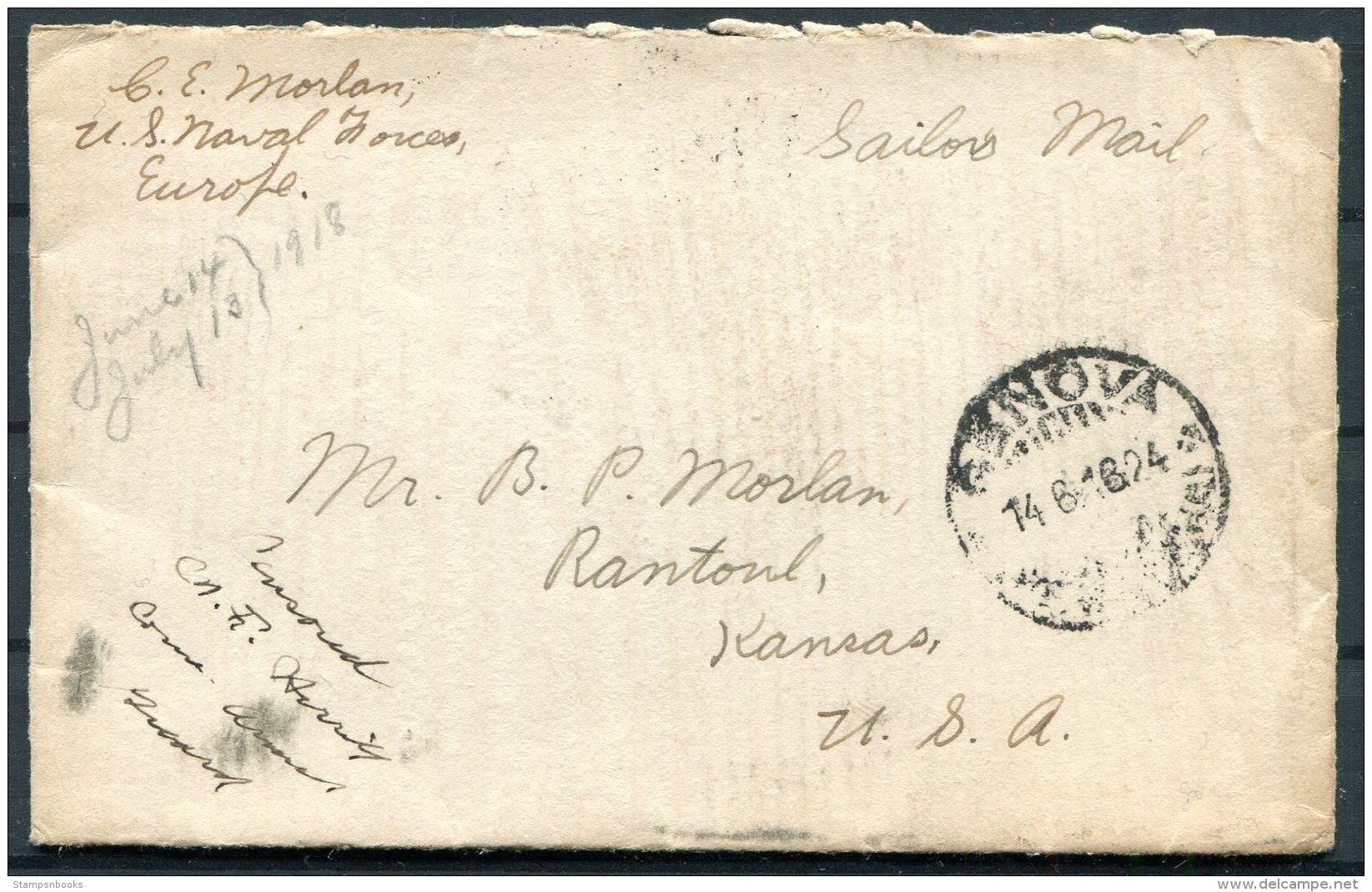 1918 Italy USA Ship Cover, Sailor Mail, US Navy Genova Genoa - Kansas - Marcophilia