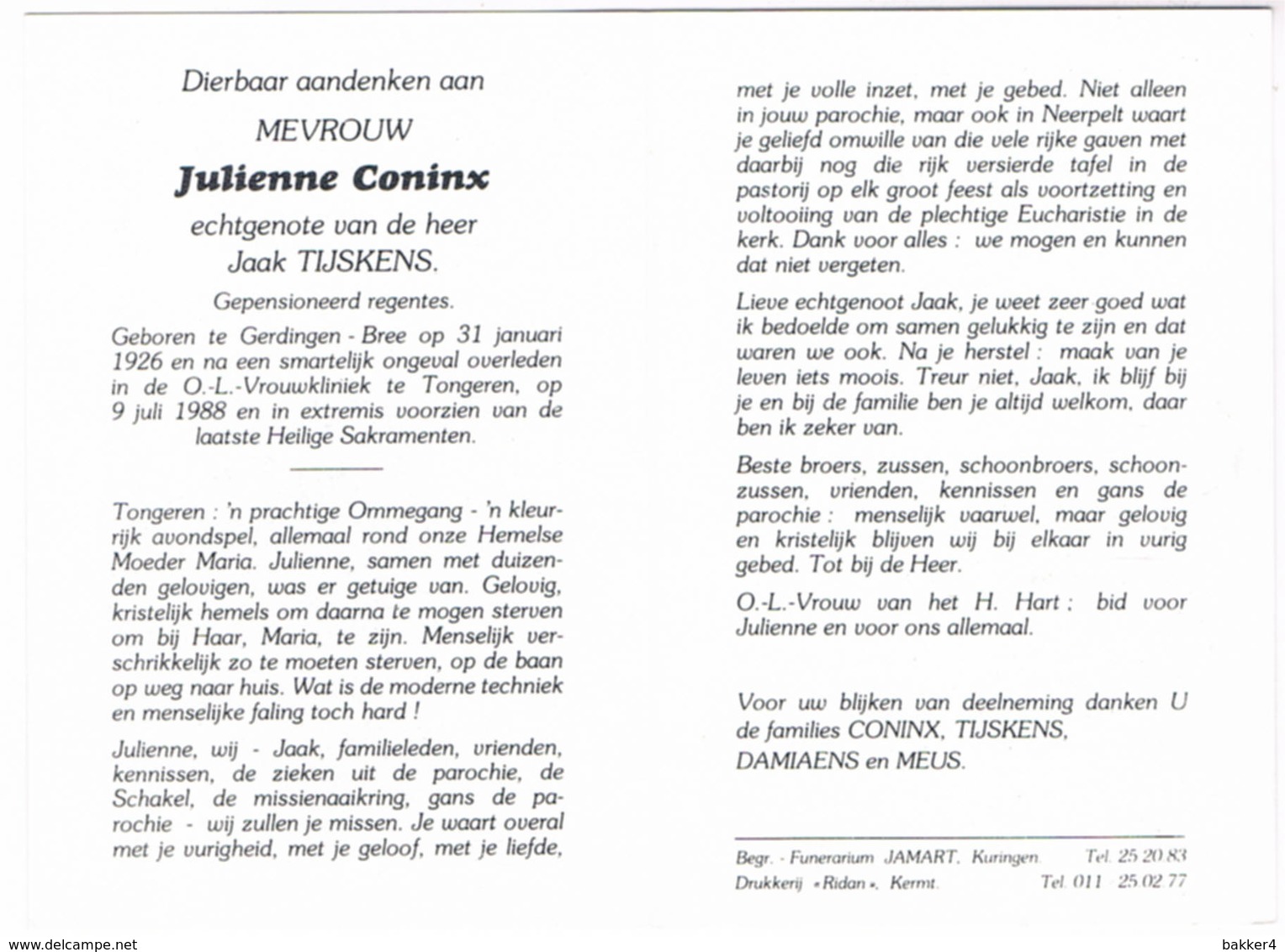 Dp. Gepension.Regentes.Coninx Julienne. Echtg. Tijskens Jaak.°Gerdingen 1926 &dagger; Tongeren 1988 Ongeval  (2 Scan's) - Religion & Esotérisme