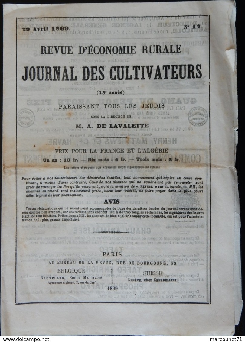RARE ET ANCIEN DOCUMENT PUBLICITAIRE 1869 JOURNAL DES CULTIVATEURS MATÉRIEL AGRICOLE - Advertising