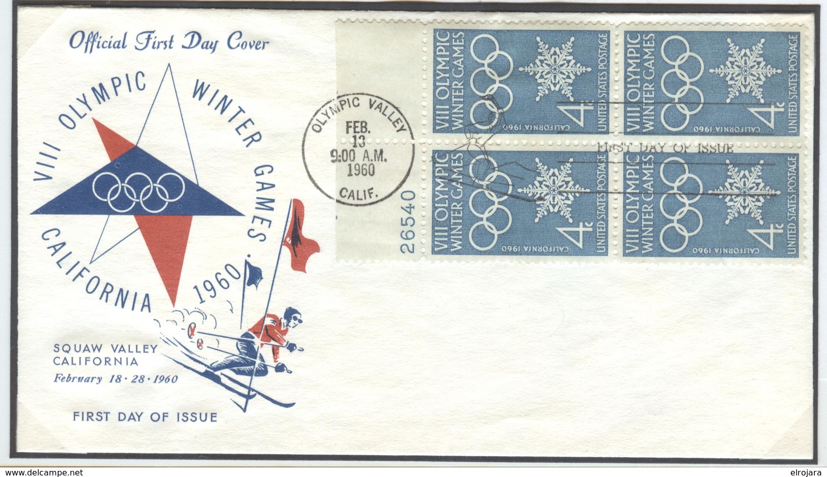 USA Illustrated Cover With Bloc Of 4 With Sheet Number 26540 With Olympic Machine First Day Cancel In The Special Type - Invierno 1960: Squaw Valley