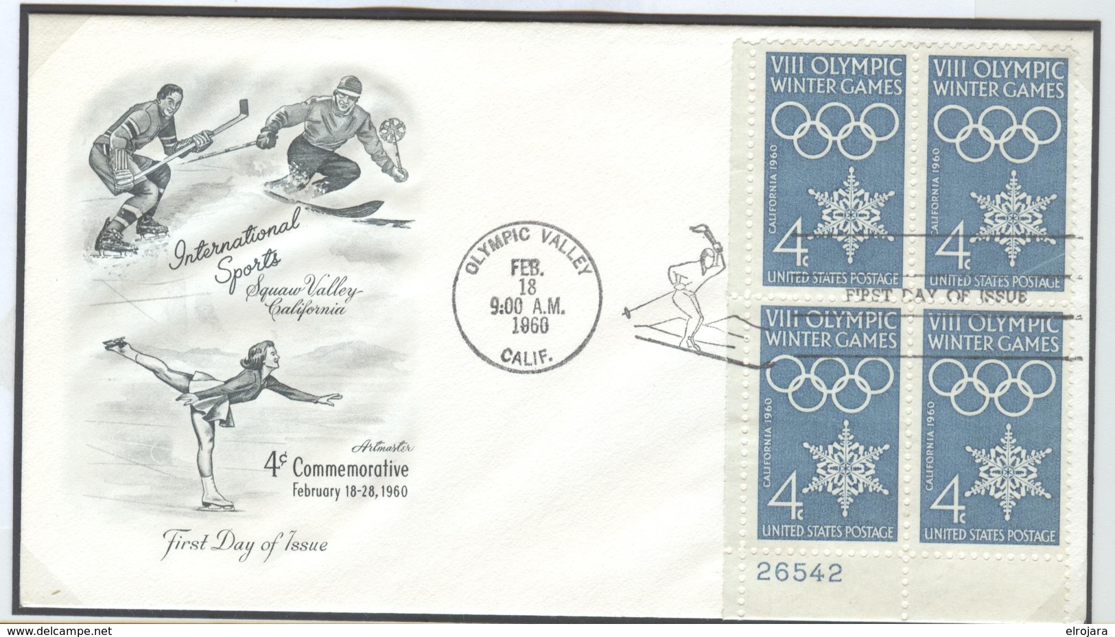 USA Illustrated Cover With Bloc Of 4 With Sheet Number 26542 With Olympic Machine First Day Cancel In The Special Type - Invierno 1960: Squaw Valley