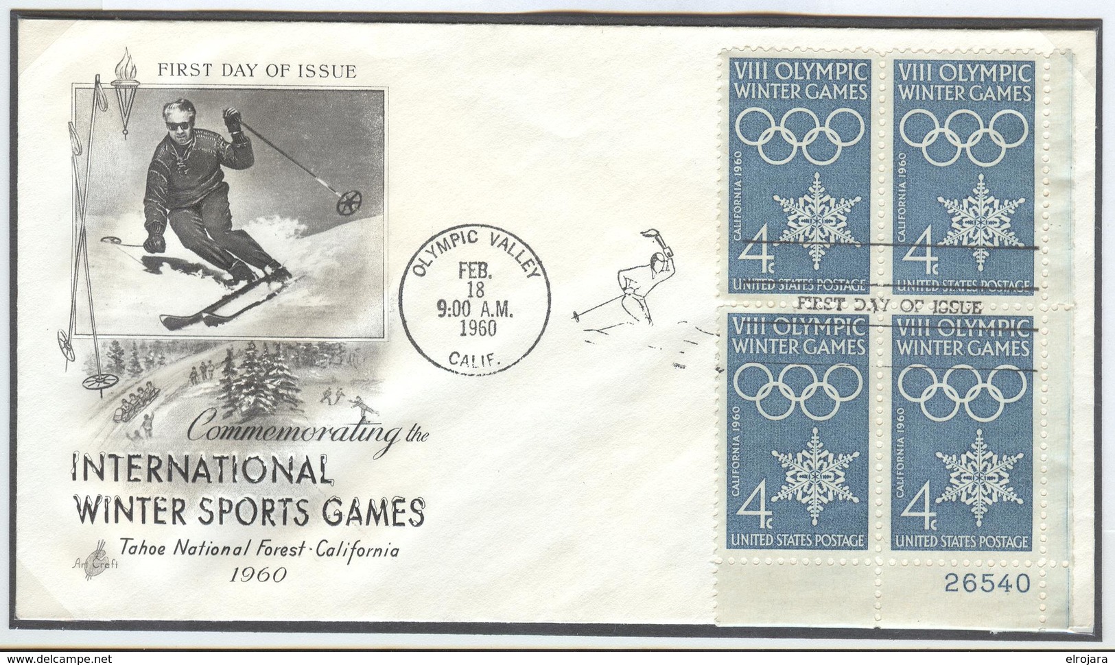 USA Illustrated Cover With Bloc Of 4 With Sheet Number 26540 With Olympic Machine First Day Cancel In The Special Type - Inverno1960: Squaw Valley