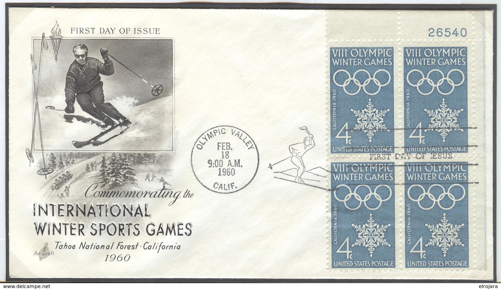 USA Illustrated Cover With Bloc Of 4 With Sheet Number 26540 With Olympic Machine First Day Cancel In The Special Type - Hiver 1960: Squaw Valley