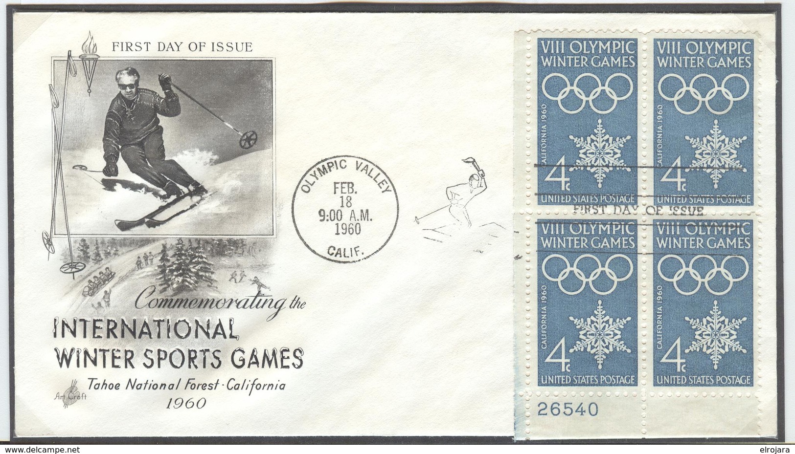USA Illustrated Cover With Bloc Of 4 With Sheet Number 26540 With Olympic Machine First Day Cancel In The Special Type - Inverno1960: Squaw Valley