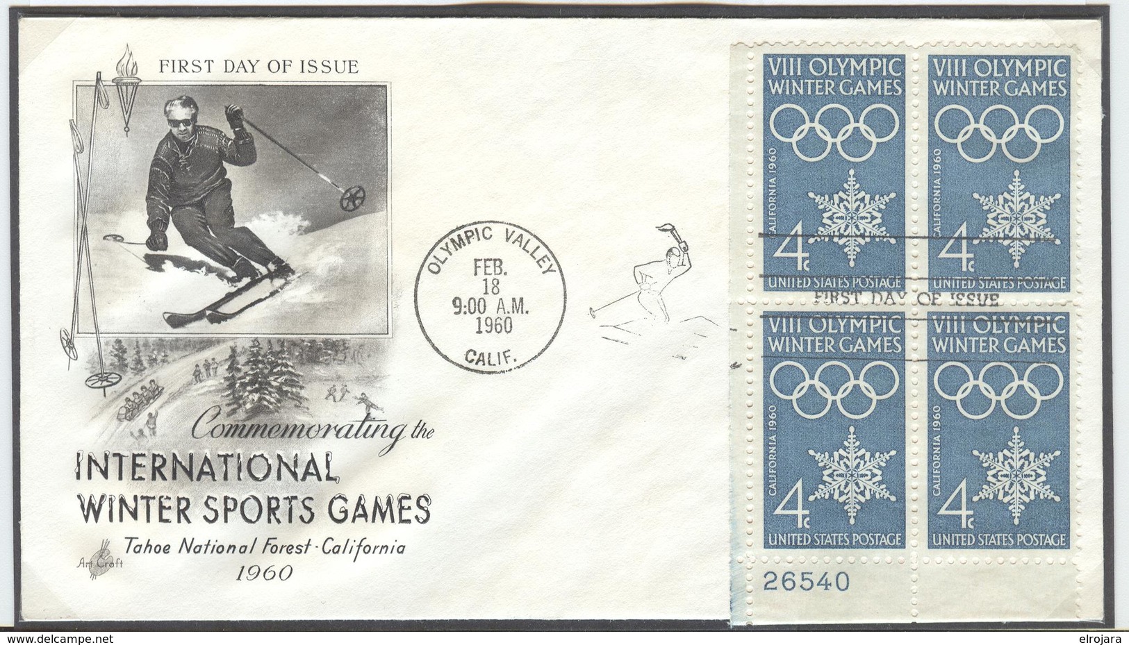 USA Illustrated Cover With Bloc Of 4 With Sheet Number 26540 With Olympic Machine First Day Cancel In The Special Type - Winter 1960: Squaw Valley