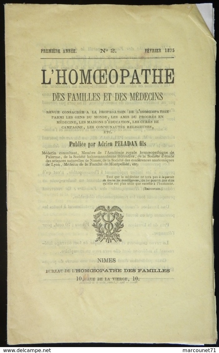 ANCIEN ET RARE LIVRET 1875 L'HOMÉOPATHIE DES FAMILLES ET DES MÉDECINS ADRIEN PELADAN NIMES - 1801-1900