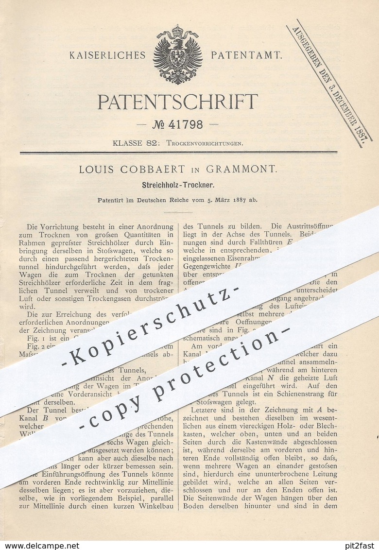 Original Patent - Louis Cobbaert , Grammont , 1887 , Streichholz - Trockner | Zündholz , Streichhölzer | Trocknen - Historische Dokumente