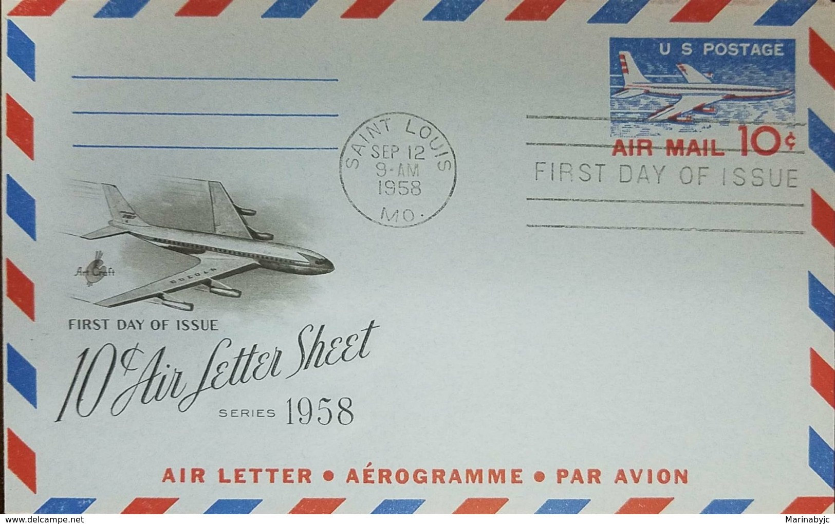 A) 1958 USA, SAINT LOUIS, AIRMAIL 10 C, AIRPLANE, AIR LETTER SHEET, FLY, FDC. - 1951-1960
