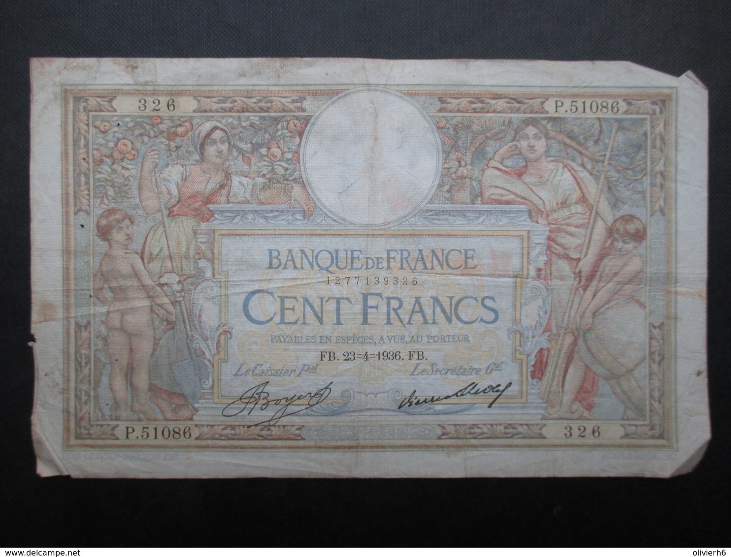 LOT 4 BILLETS FRANCE (V1719) 100 FRANCS (10 vues) Luc Olivier Merson 1933, 1936, 1937, 1937