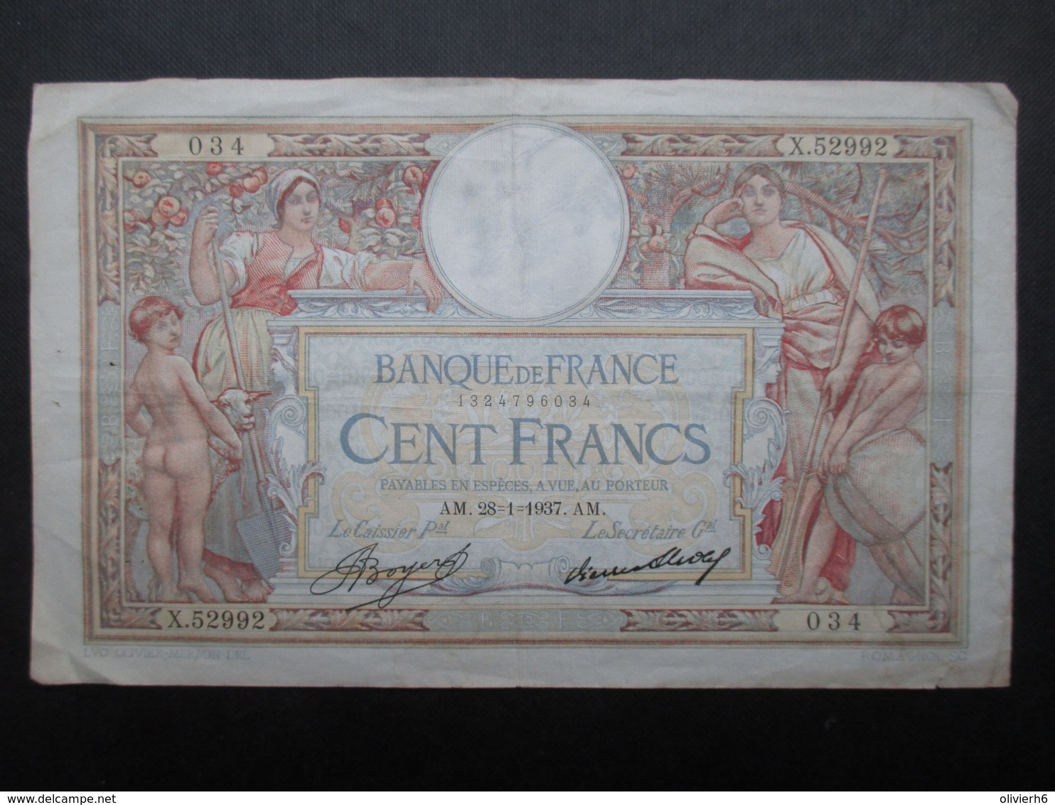 LOT 4 BILLETS FRANCE (V1719) 100 FRANCS (10 vues) Luc Olivier Merson 1933, 1936, 1937, 1937