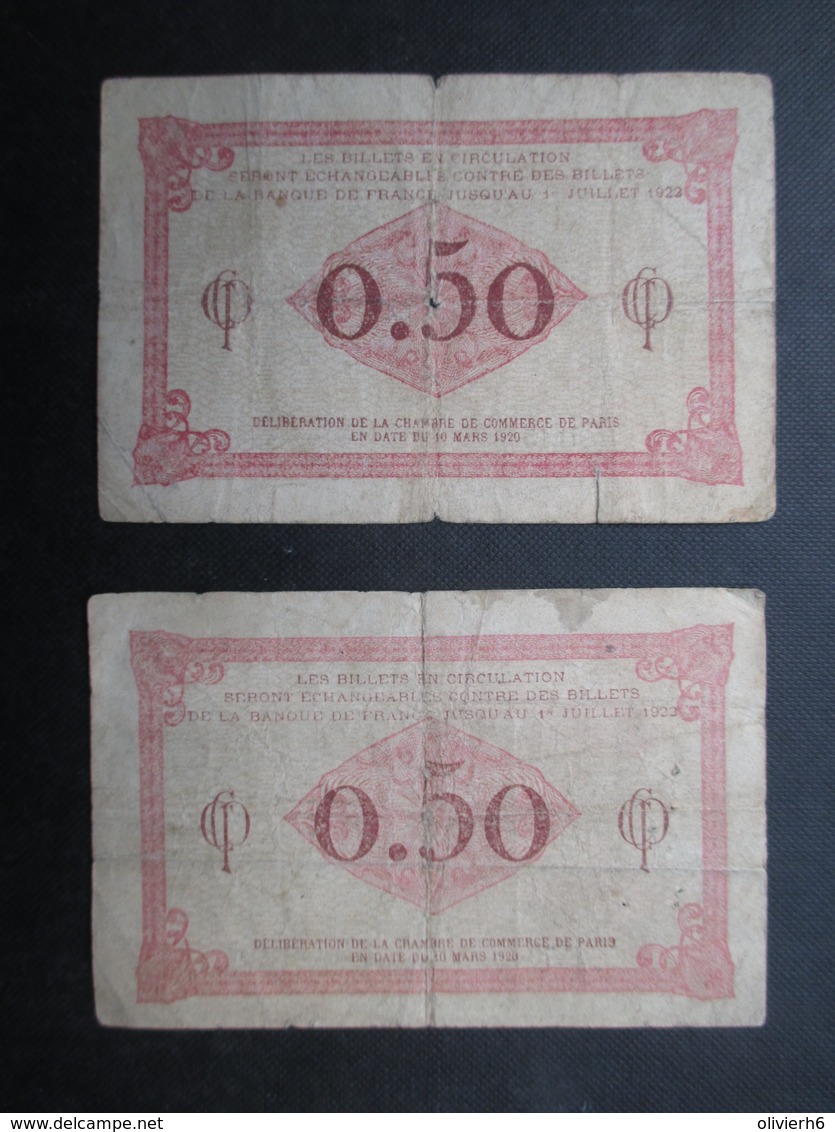 LOT 2 BON DE NéCESSITé FRANCE (V1719) Cinquante Centimes 1920 (2 Vues) Chambre De Commerce De Paris - Bons & Nécessité