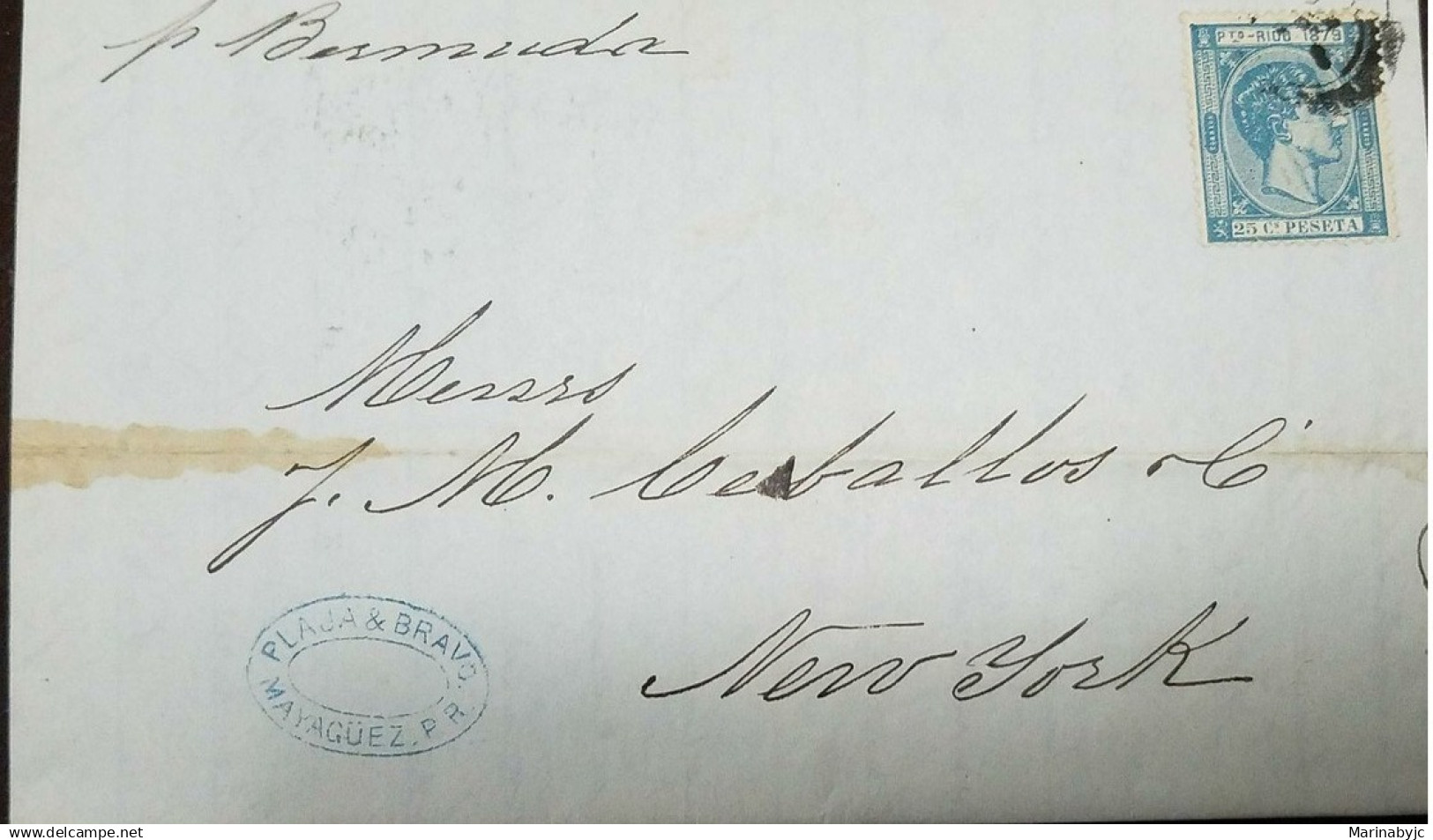 A) 1879 PUERTO RICO, MAYAGUEZ CANCEL TO THE USA, NEW YORK PAID ALL ON REVERSE CATALOGUE, KING ALFONSO XII SPAIN, XF. - Covers & Documents