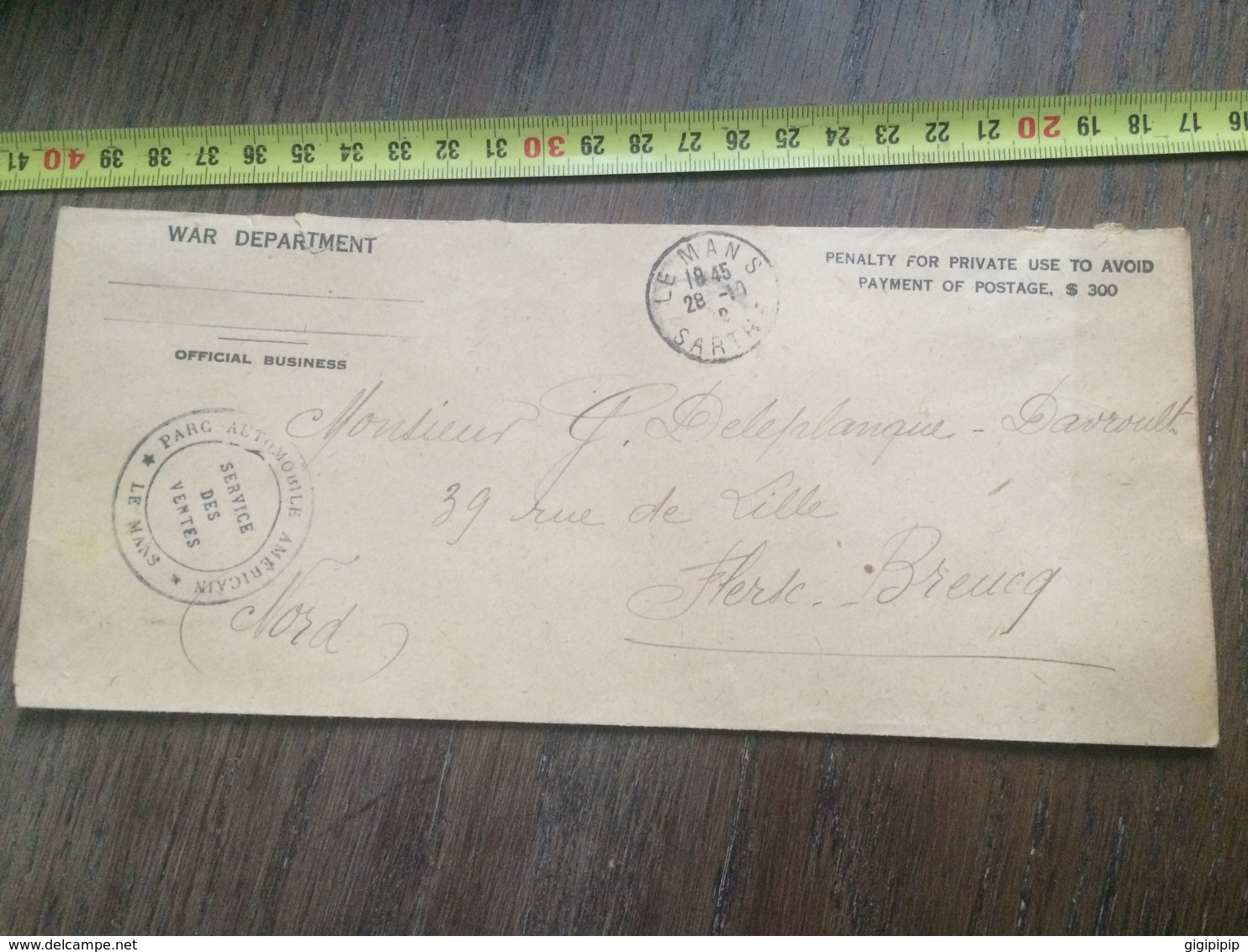 RARE ENVELOPPE COURRIER WAR DEPARTMENT PARC AUTOMOBILE AMERICAIN LE MANS 1910 FLERS BREUCQ - Collections