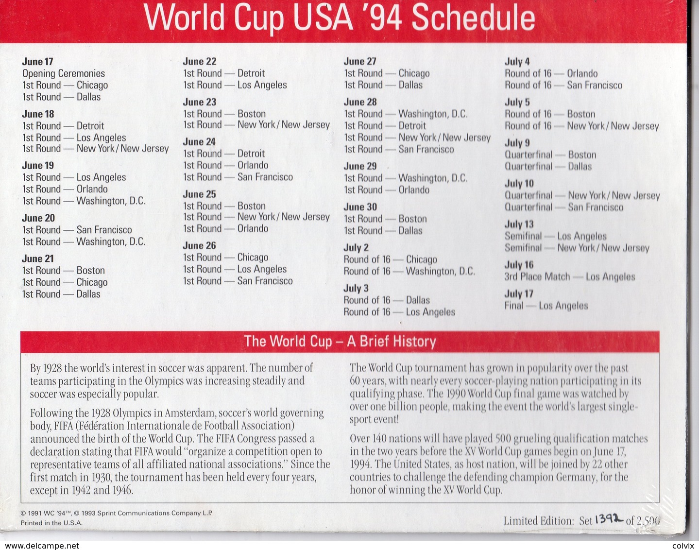 ETATS UNIS 4 CARTES SPRINT WORLD CUP USA 1994 Avec Encart Tirage 2500 Ex - Sprint