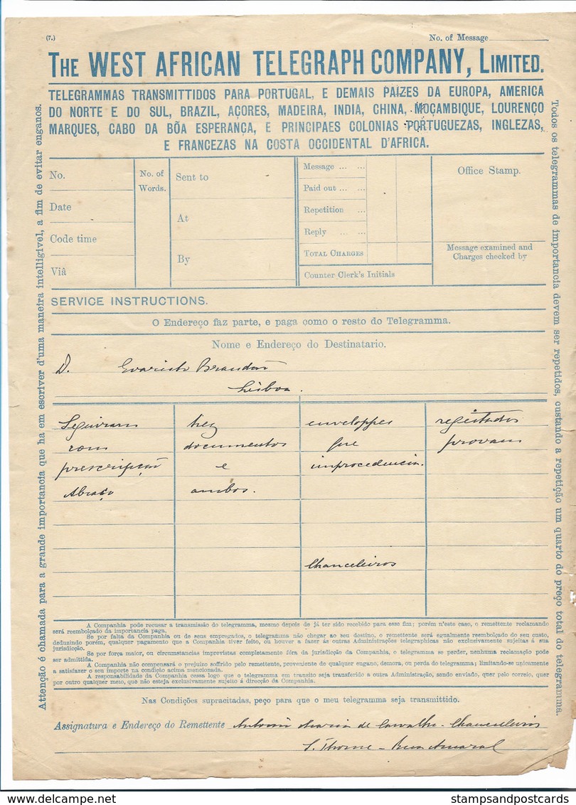 Portugal Télégramme Forme São Tomé Station C. 1910 The West African Telegraph Company Saint Thomas Telegram Form - Lettres & Documents