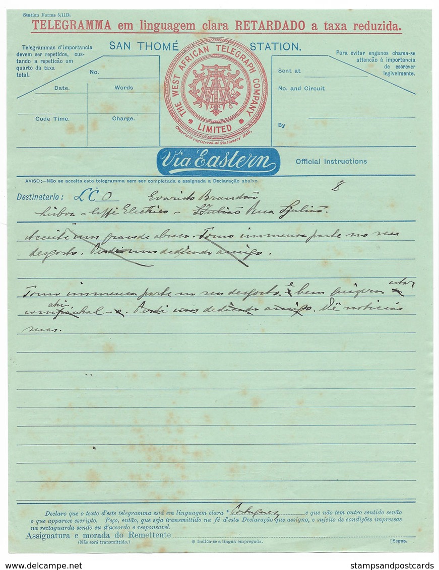 Portugal Télégramme Forme São Tomé Station C. 1920 The West African Telegraph Company Saint Thomas Telegram Form - Cartas & Documentos