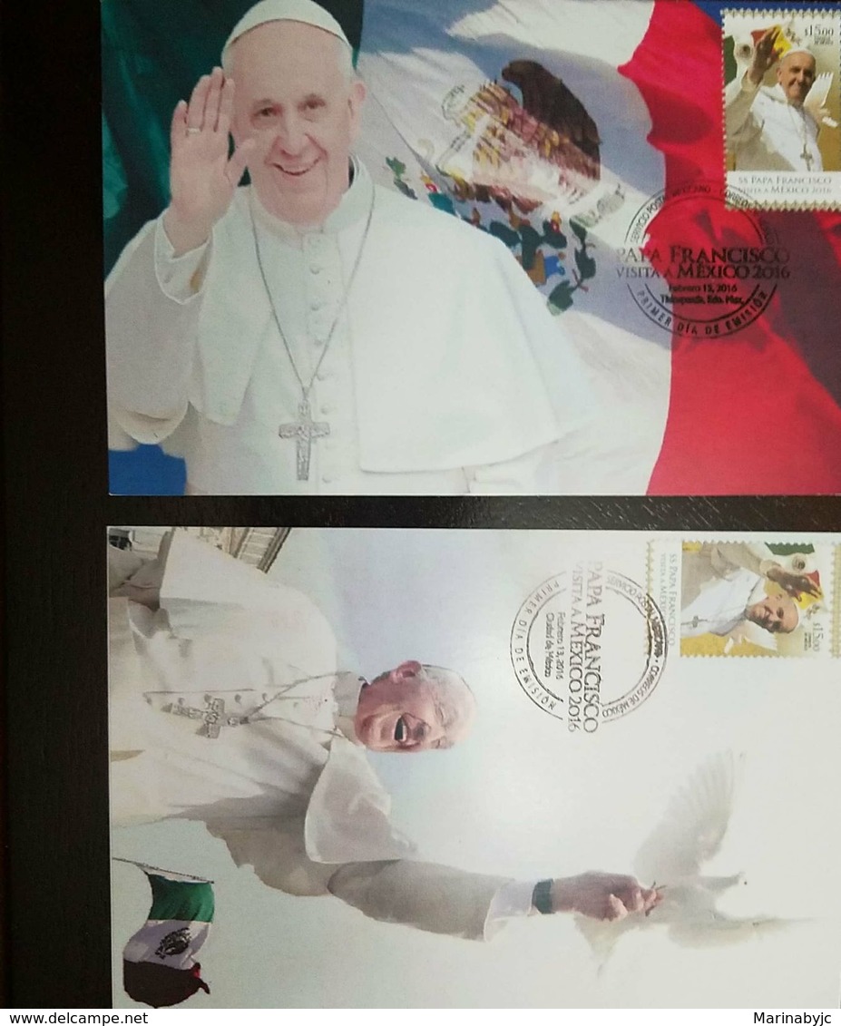 L) 2016 MEXICO, POPE FRANCISCO VISITS MEXICO, HOLINESS, FLAG, PONTIFF, SET OF 2 FDC - Mexico