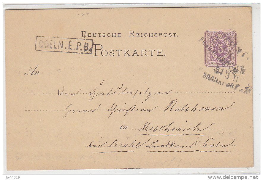 Ganzsache Mit AD Stempel COELN.E.P.B. Und Dreizeiler COELN-Frankfurt 31.3.II  (1878) - Briefe U. Dokumente
