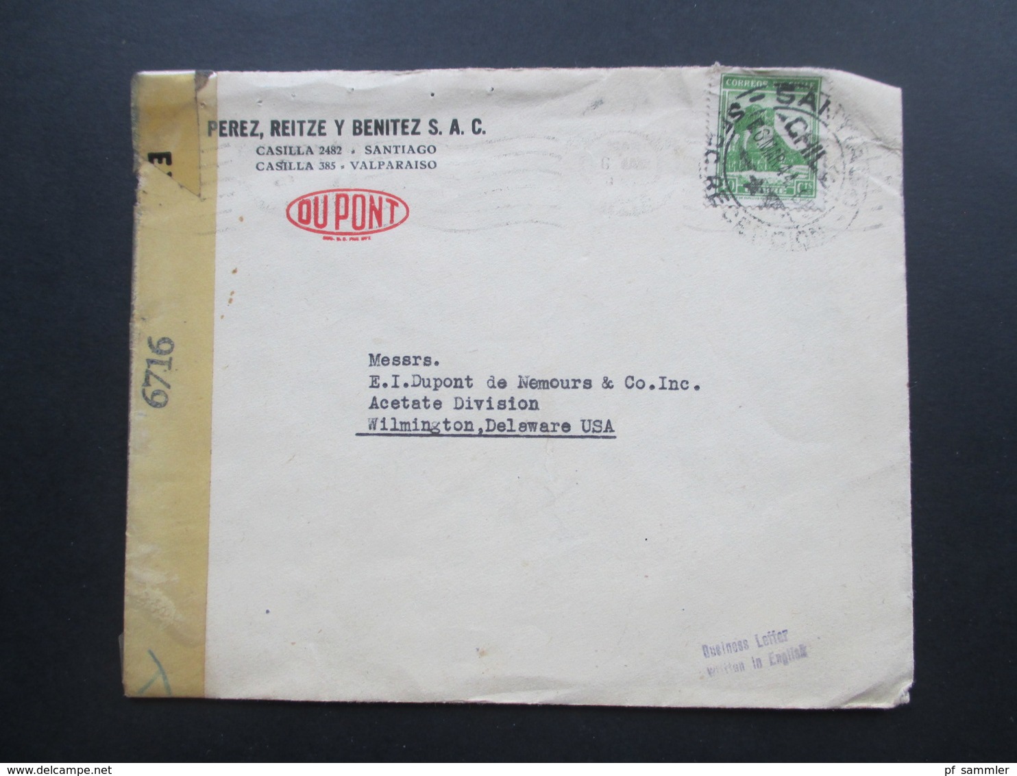 Zensurbeleg Chile 1944 Du Pont. Nach Delaware USA Opened By Censor 6716. Business Letter - Chile